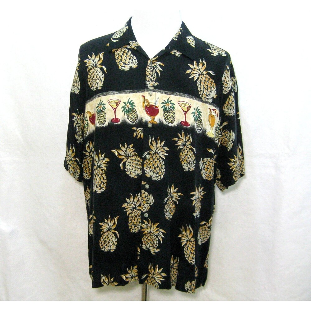 PIERRE CARDIN Men's (Size XL) Black Hawaiian Tiki Shirt Pineapple Cocktail Rayon